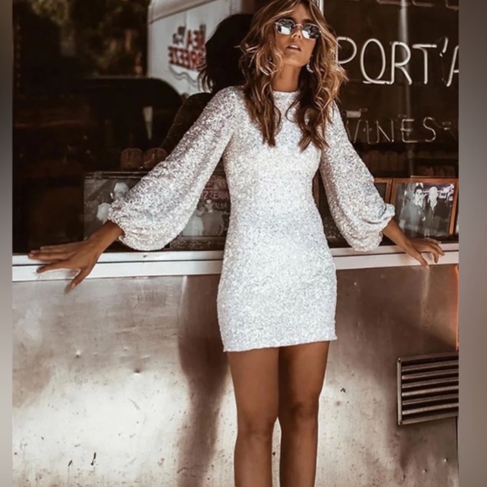Rose Dress Sparkly White Sequins Long Sleeve Evening Cocktail Holiday Mini Dress